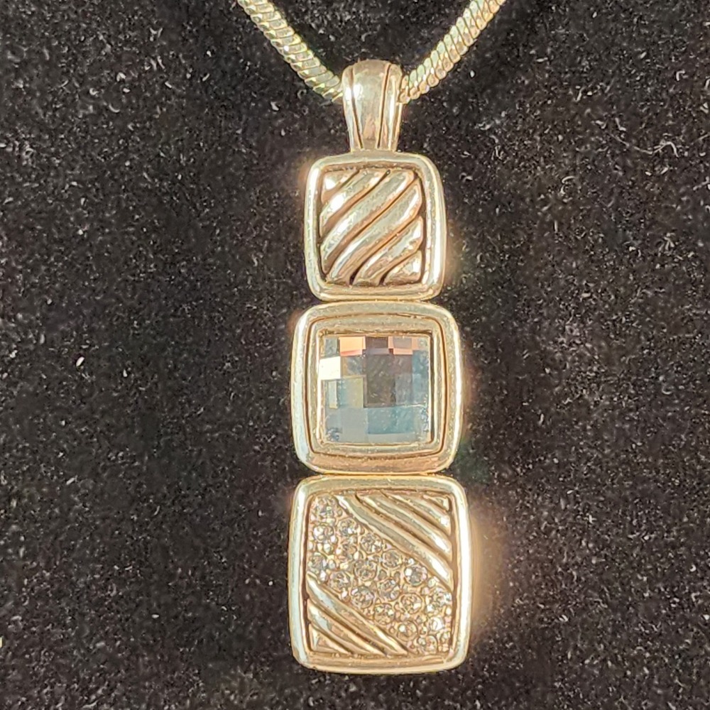 Brighton Silver Tone Blue Crystal Tiered Geometric Pendant Snake Chain Necklace